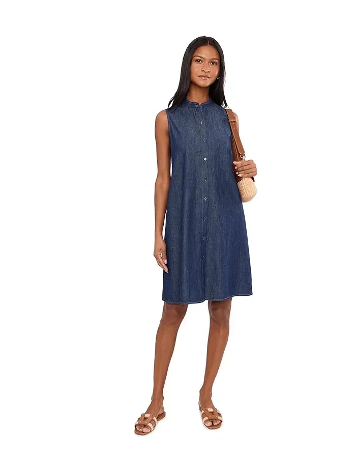 Платье джинсовое из органического хлопка Mandarin Collar Dress Eileen Fisher — изображение 2 из 5, темный индиго