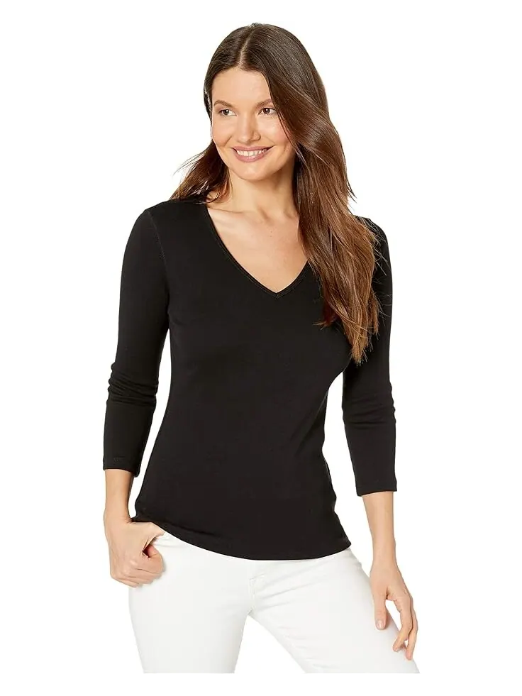 Топ Lilla P 1x1 Rib 3/4 Sleeve V-Neck — изображение 1 из 4, черный