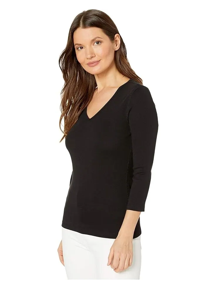 Топ Lilla P 1x1 Rib 3/4 Sleeve V-Neck — изображение 2 из 4, черный
