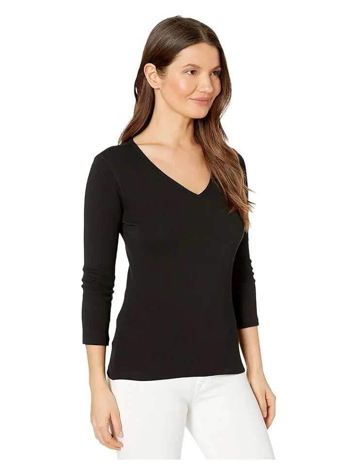 Топ Lilla P 1x1 Rib 3/4 Sleeve V-Neck — изображение 4 из 4, черный