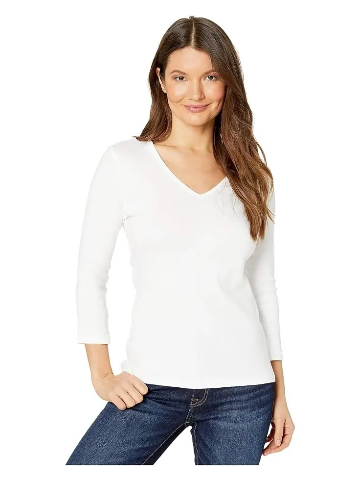Топ Lilla P 1x1 Rib 3/4 Sleeve V-Neck — изображение 1 из 4, белый