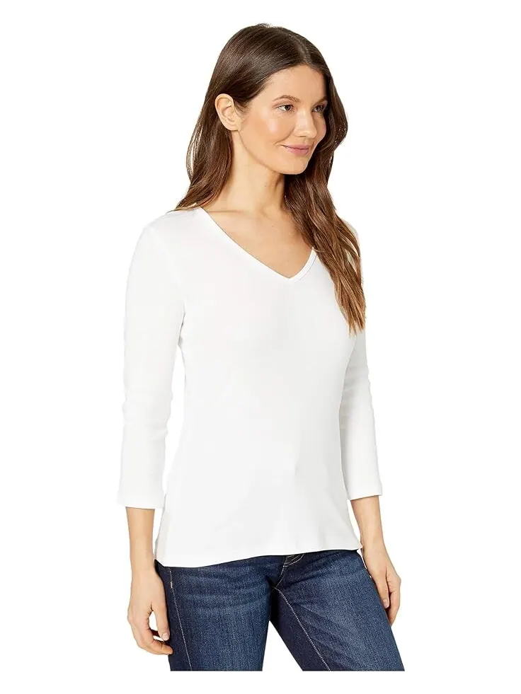 Топ Lilla P 1x1 Rib 3/4 Sleeve V-Neck — изображение 4 из 4, белый
