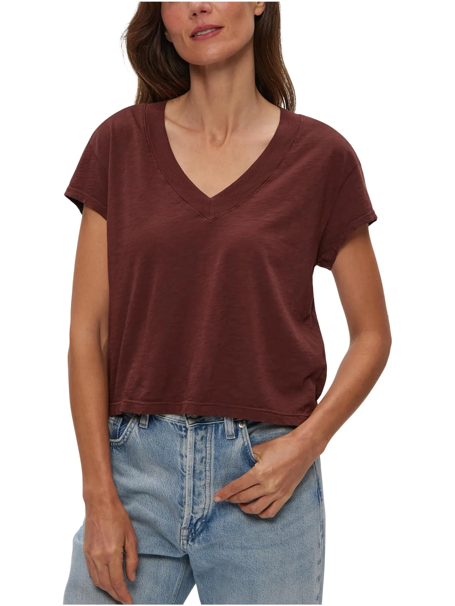 Футболка Michael Stars Harlan Cropped V-Neck Tee — изображение 1 из 3, эспрессо