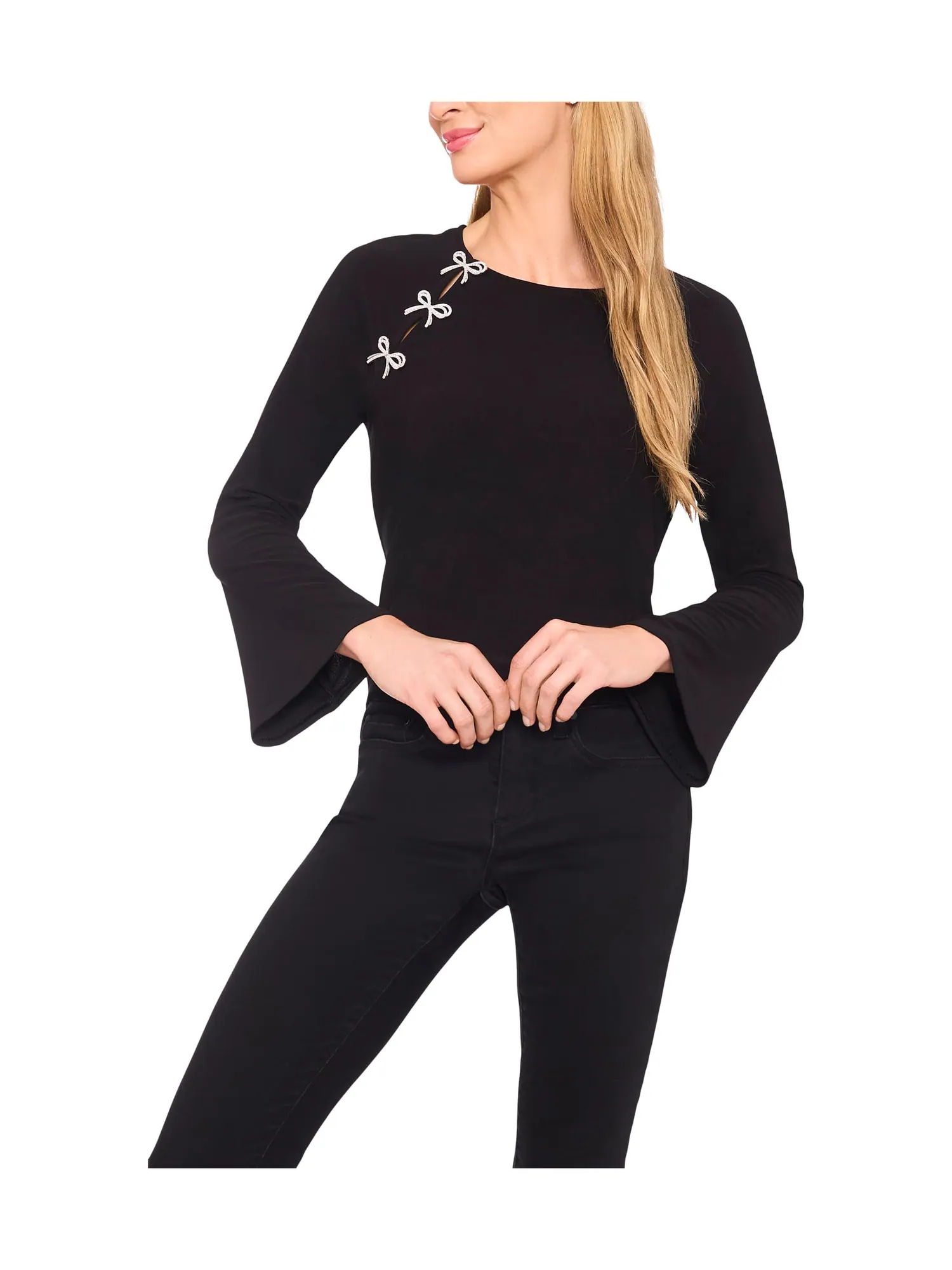 Топ CeCe Pearl Bow Applique Long Sleeve Knit Top — изображение 1 из 3, насыщенный черный