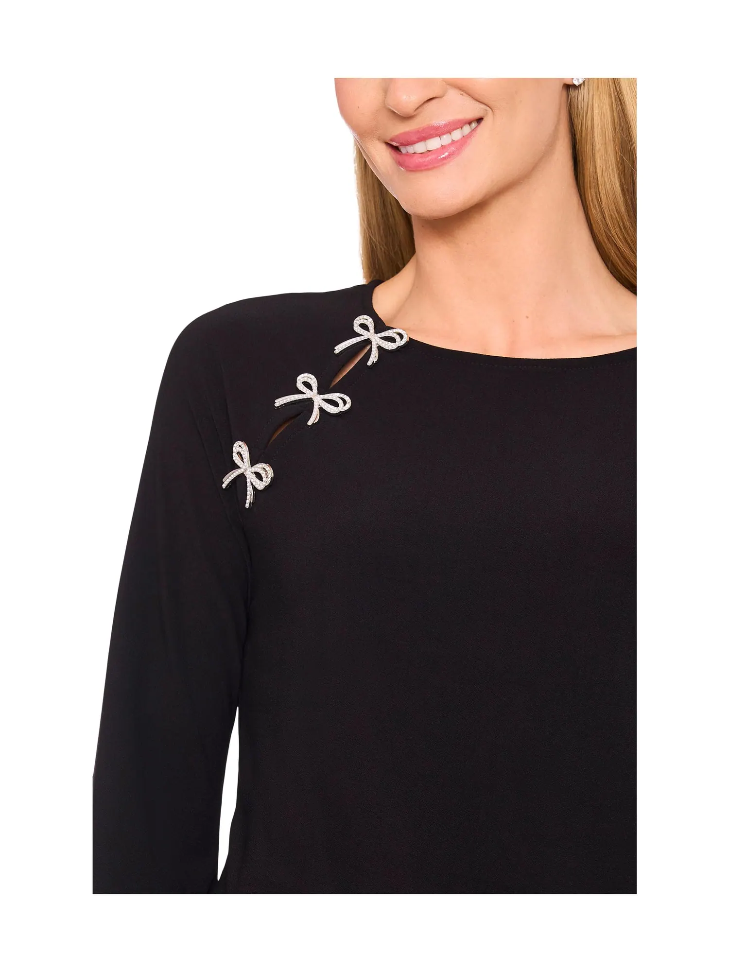 Топ CeCe Pearl Bow Applique Long Sleeve Knit Top — изображение 3 из 3, насыщенный черный