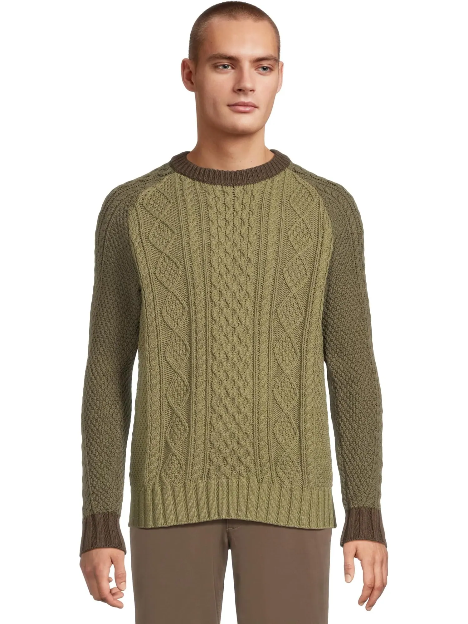 Свитер L.L.Bean Signature Cotton Fisherman Sweater, Crewneck, Colorblock — изображение 1 из 5, оливковый серый