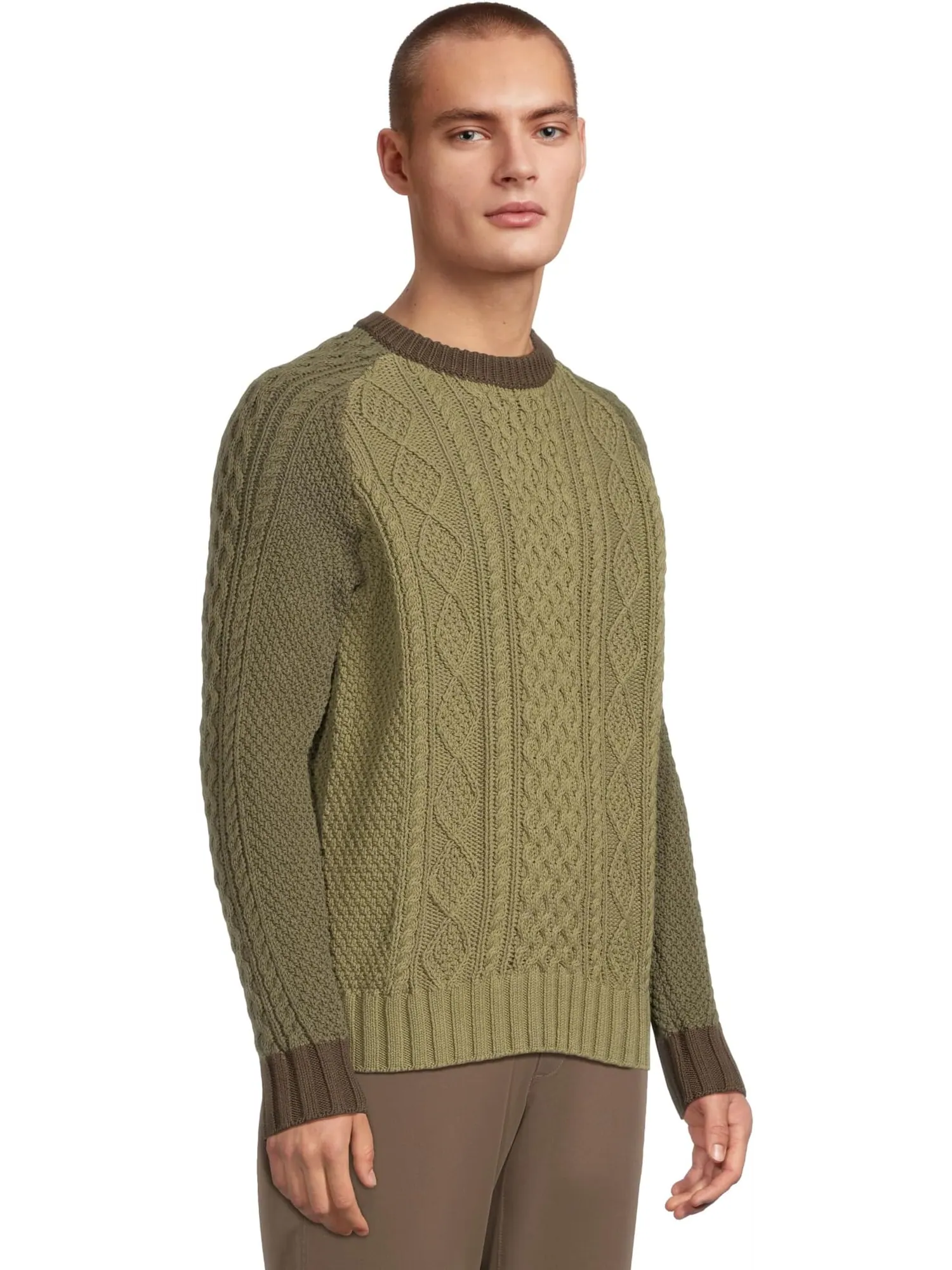 Свитер L.L.Bean Signature Cotton Fisherman Sweater, Crewneck, Colorblock — изображение 2 из 5, оливковый серый