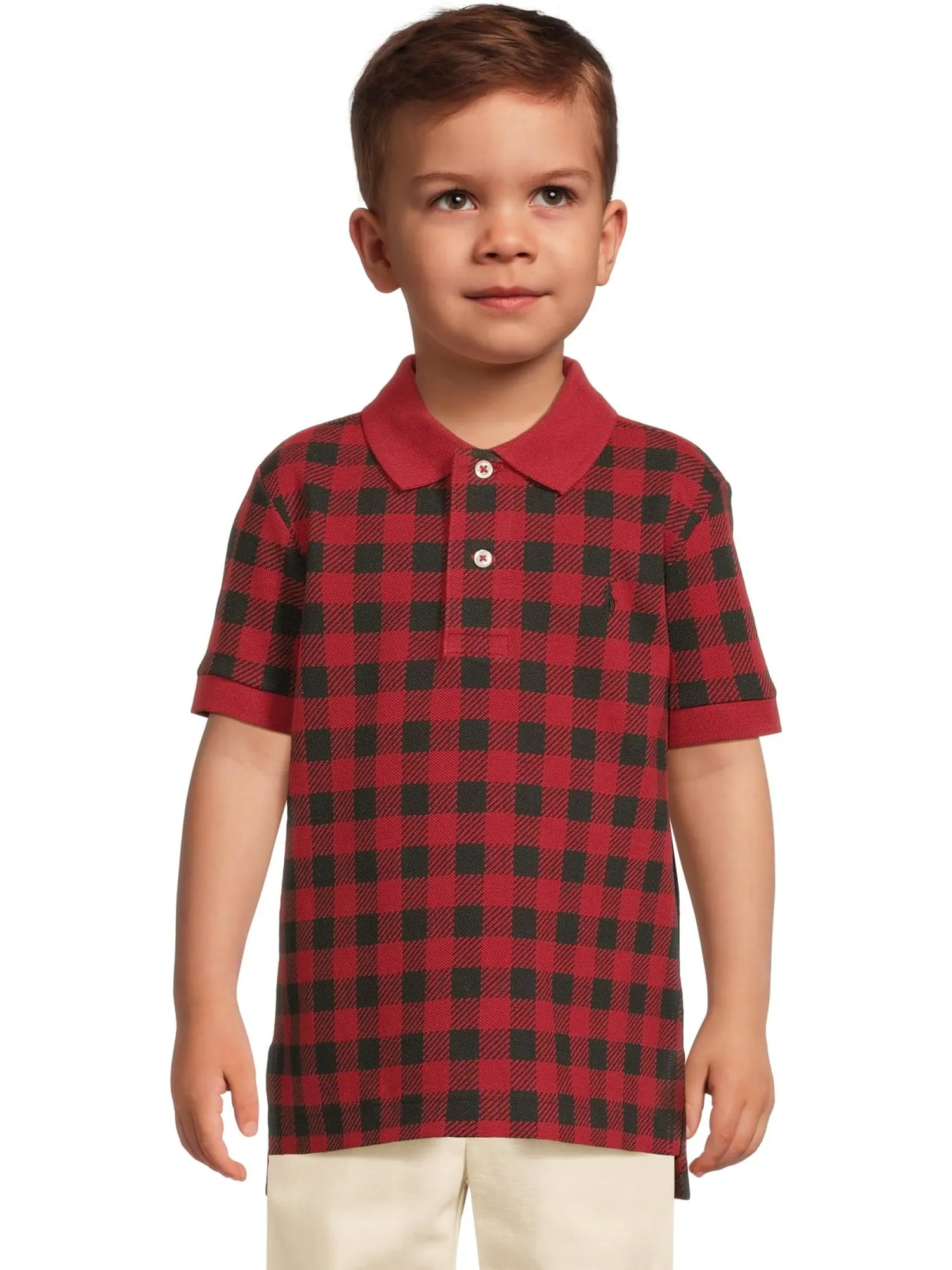 Рубашка-поло из хлопковой сетки в клетку Buffalo Check Polo Ralph Lauren Kids — изображение 1 из 4, красный