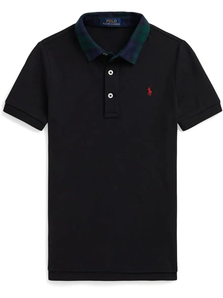 Рубашка-поло из хлопковой сетки с клетчатым воротником Polo Ralph Lauren Kids — изображение 1 из 2, черный