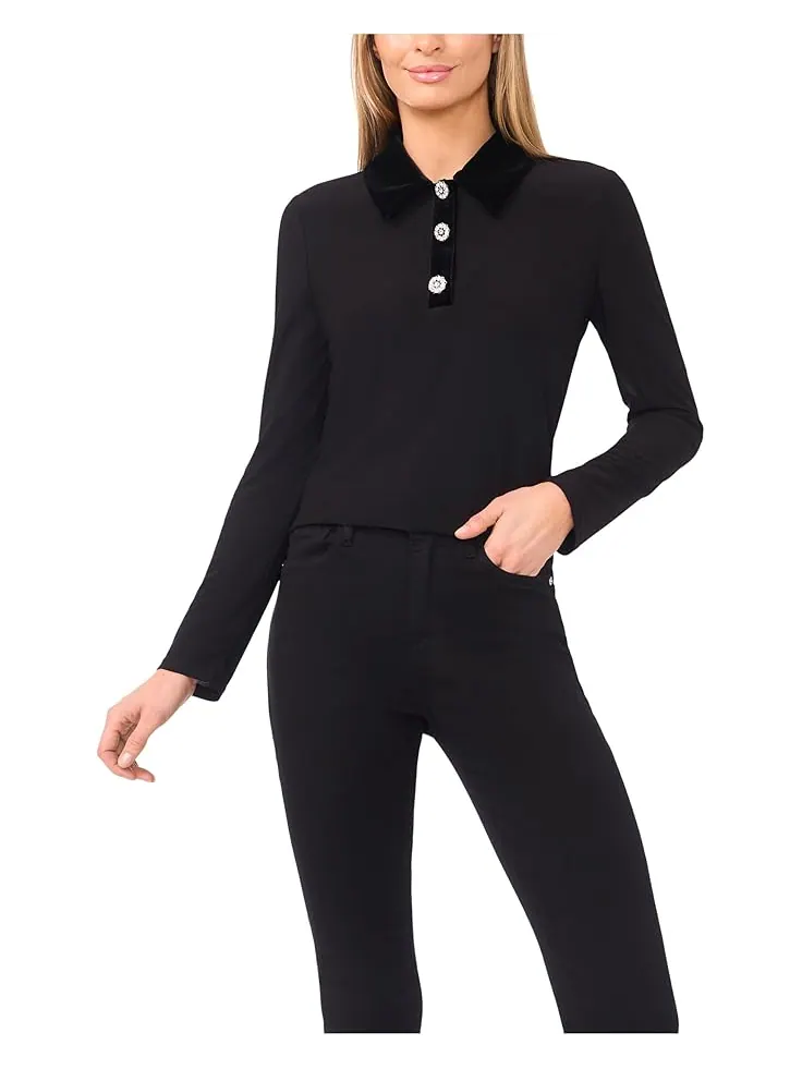 Женский топ CeCe Mixed Media 1/2 Placket Collared Knit — изображение 1 из 3, насыщенный черный