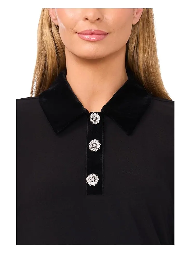 Женский топ CeCe Mixed Media 1/2 Placket Collared Knit — изображение 3 из 3, насыщенный черный