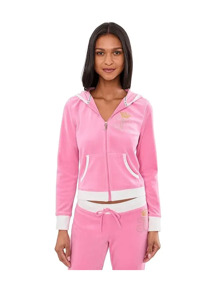 Толстовка с капюшоном велюровая Heritage Rib Trim Kangaroo Pocket Track Jacket Juicy Couture — изображение 1 из 5, синий