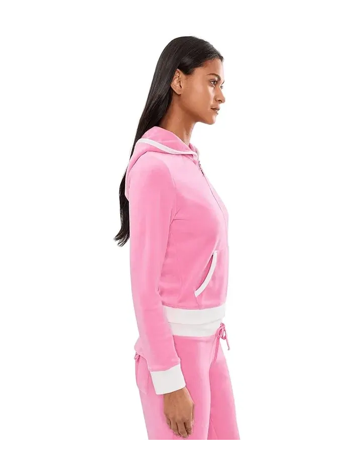 Толстовка с капюшоном велюровая Heritage Rib Trim Kangaroo Pocket Track Jacket Juicy Couture — изображение 3 из 5, синий