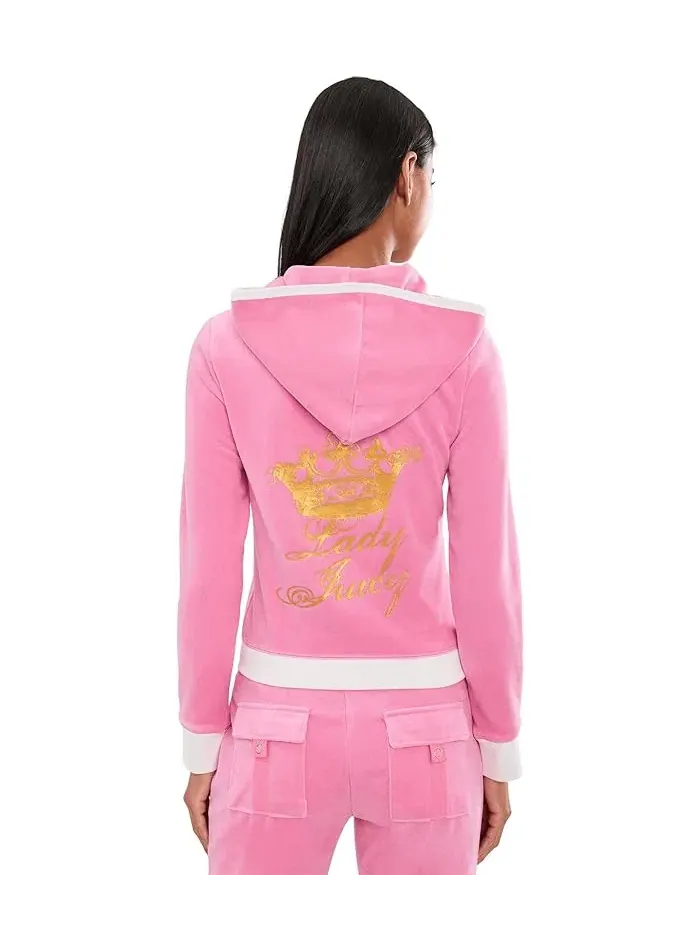 Толстовка с капюшоном велюровая Heritage Rib Trim Kangaroo Pocket Track Jacket Juicy Couture — изображение 4 из 5, синий