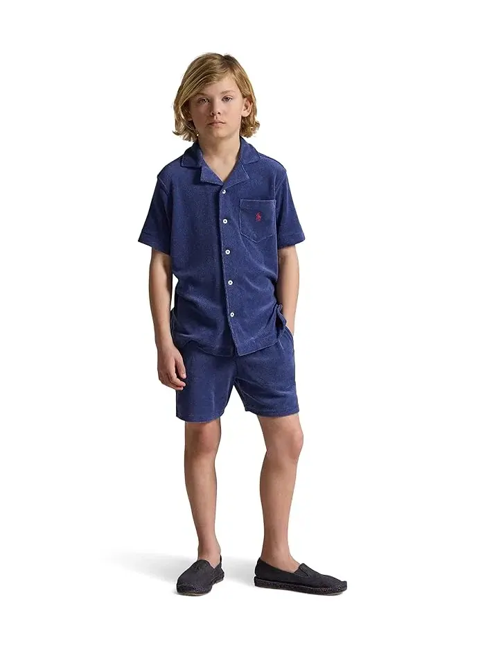 Футболка с воротником из махровой ткани Terry Camp Shirt Polo Ralph Lauren Kids — изображение 3 из 5, светлый темно-синий