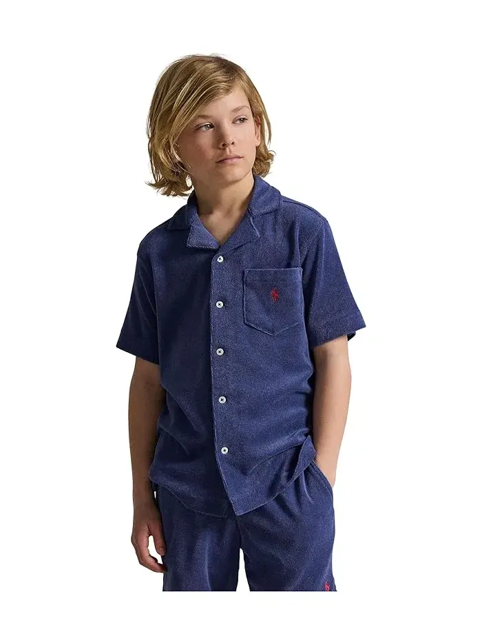 Футболка с воротником из махровой ткани Terry Camp Shirt Polo Ralph Lauren Kids — изображение 4 из 5, светлый темно-синий