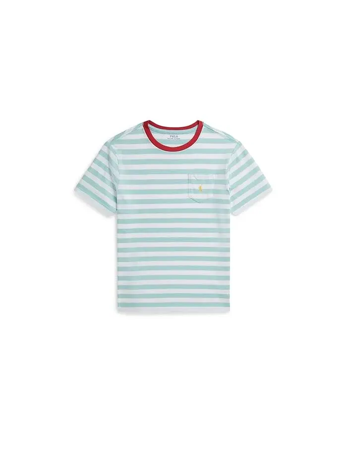 Футболка поло с полосатым принтом Striped Cotton Jersey Pocket Tee Polo Ralph Lauren Kids — изображение 1 из 2, розовый/белый