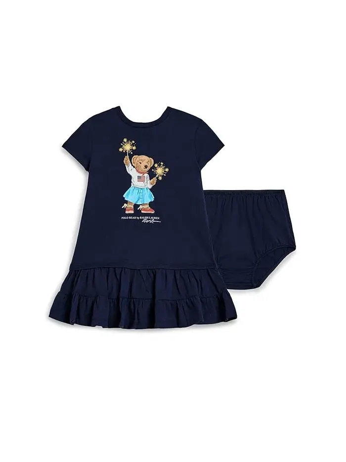 Платье хлопковое Polo Bear Tiered Cotton Dress & Bloomer Polo Ralph Lauren Kids — изображение 1 из 3, темно-синий