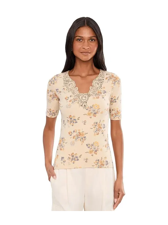 Топ с кружевной отделкой цветочный принт Floral Lace-Trim Rib-Knit Top Lauren Ralph Lauren — изображение 1 из 5