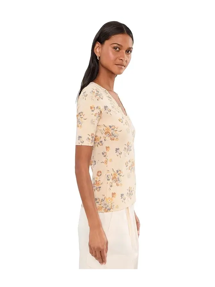 Топ с кружевной отделкой цветочный принт Floral Lace-Trim Rib-Knit Top Lauren Ralph Lauren — изображение 3 из 5