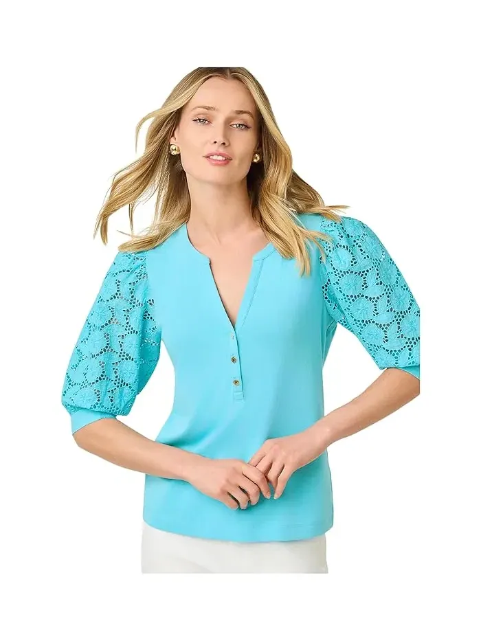 Топ с кружевными рукавами Ronson Eyelet Knit Lilly Pulitzer — изображение 3 из 5, синий