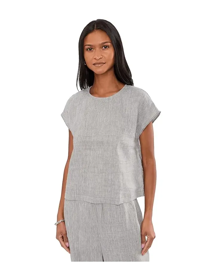 Топ полосатый органический лен Round Neck Top Eileen Fisher — изображение 1 из 5, мел