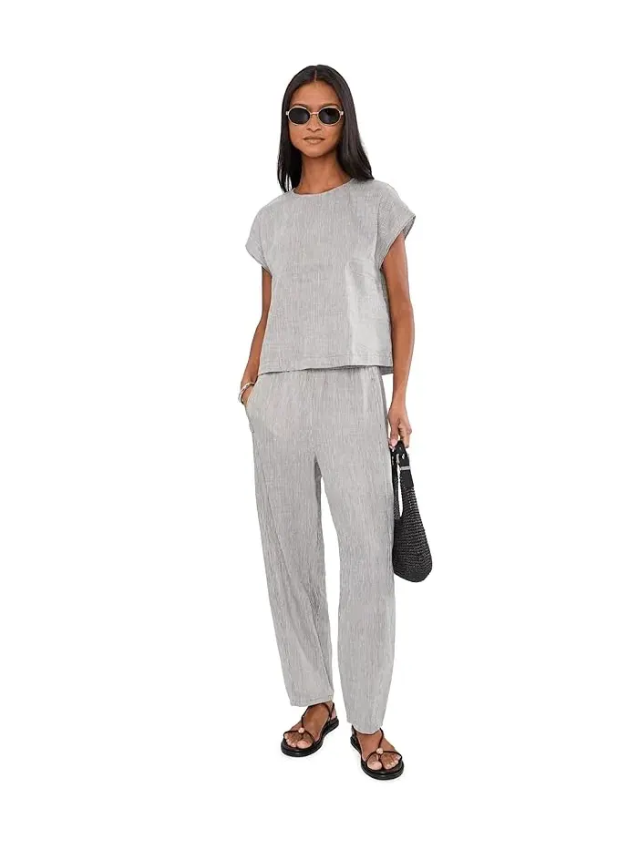 Топ полосатый органический лен Round Neck Top Eileen Fisher — изображение 2 из 5, мел