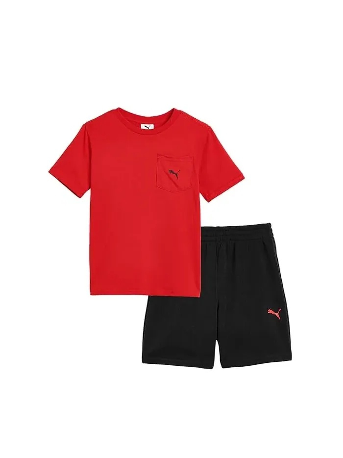 Детский комплект футболка с карманом и шорты Pocket T-shirt & Fleece Short Set PUMA Kids — изображение 1 из 3, синий/красный