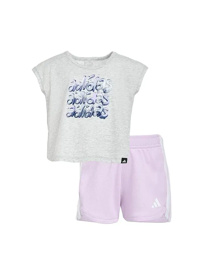 Комплект футболка и шорты Back Pleated Heather Tee Mesh Shorts Set Adidas Kids — изображение 1 из 3, светлый серый