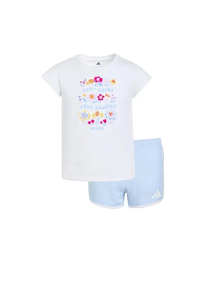 Детский комплект из футболки и шорт с флористическим принтом Adidas Kids — изображение 1 из 3, небесно-голубой
