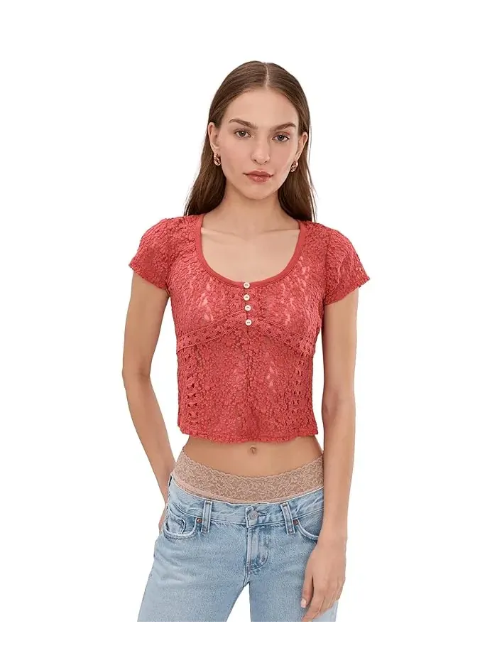 Футболка Free People Claro Short Sleeve Tee — изображение 1 из 5, коралловый