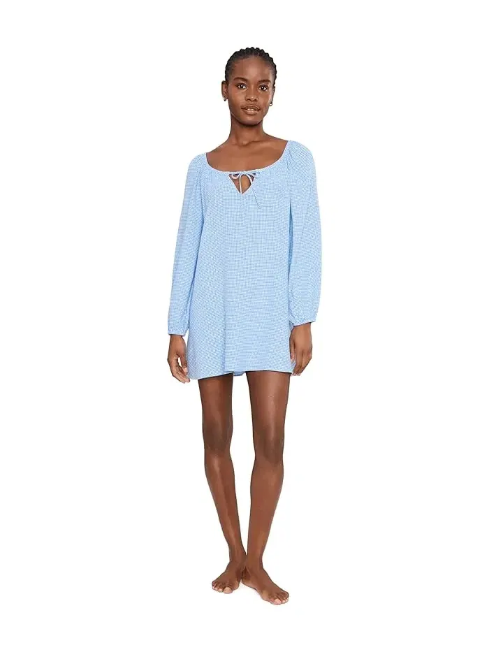 Платье-комбинация короткое Linen Blend Short Dress Eberjey — изображение 2 из 5, белый/синий