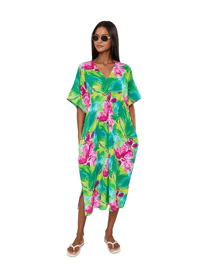 Кафтан Tropic Crinkle Windowpane N by Natori — изображение 2 из 5, зеленый мульти