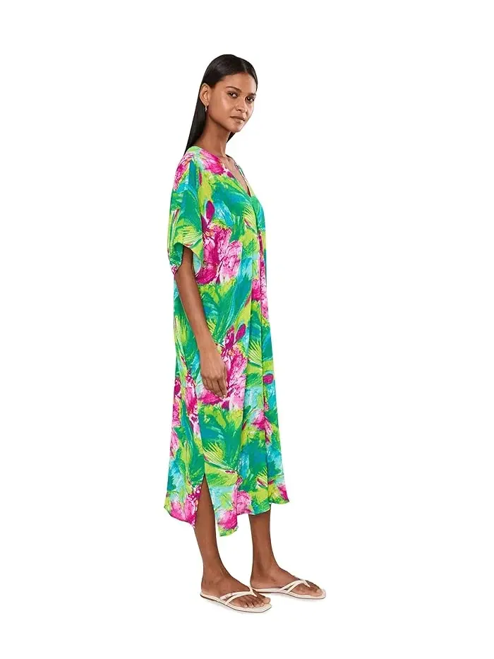 Кафтан Tropic Crinkle Windowpane N by Natori — изображение 3 из 5, зеленый мульти