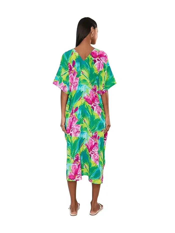 Кафтан Tropic Crinkle Windowpane N by Natori — изображение 4 из 5, зеленый мульти
