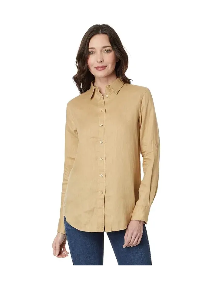 Рубашка из льна с отложным воротником Petite Linen Roll Tab-Sleeve Lauren Ralph Lauren — изображение 1 из 4, бежевый