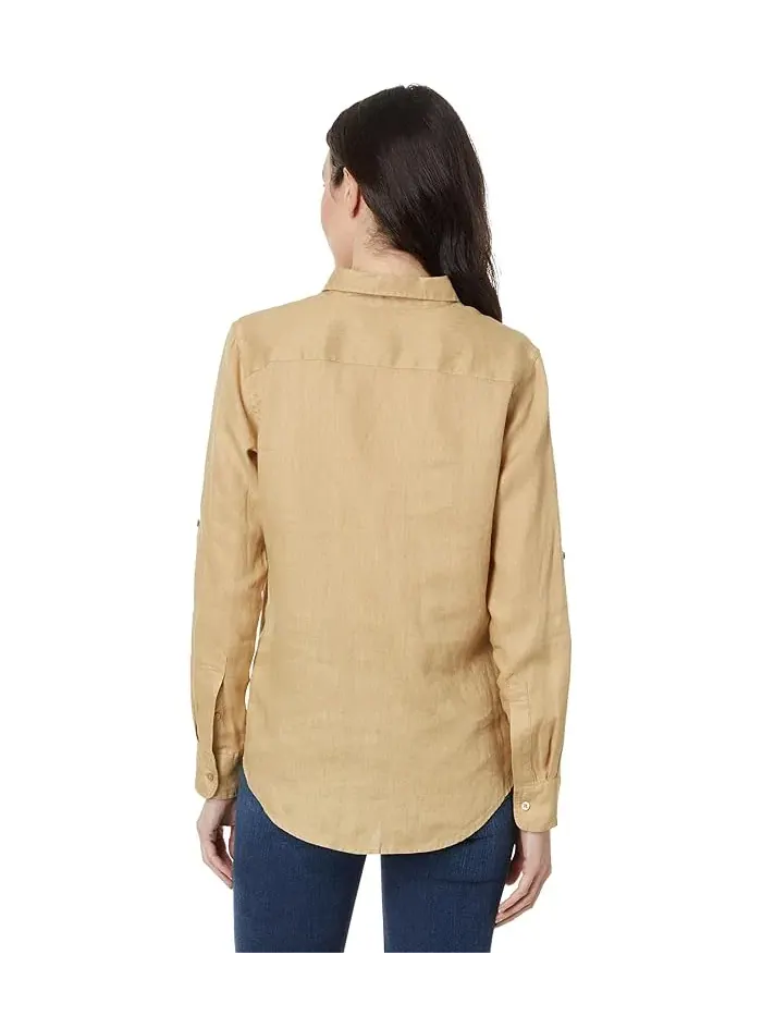 Рубашка из льна с отложным воротником Petite Linen Roll Tab-Sleeve Lauren Ralph Lauren — изображение 2 из 4, бежевый