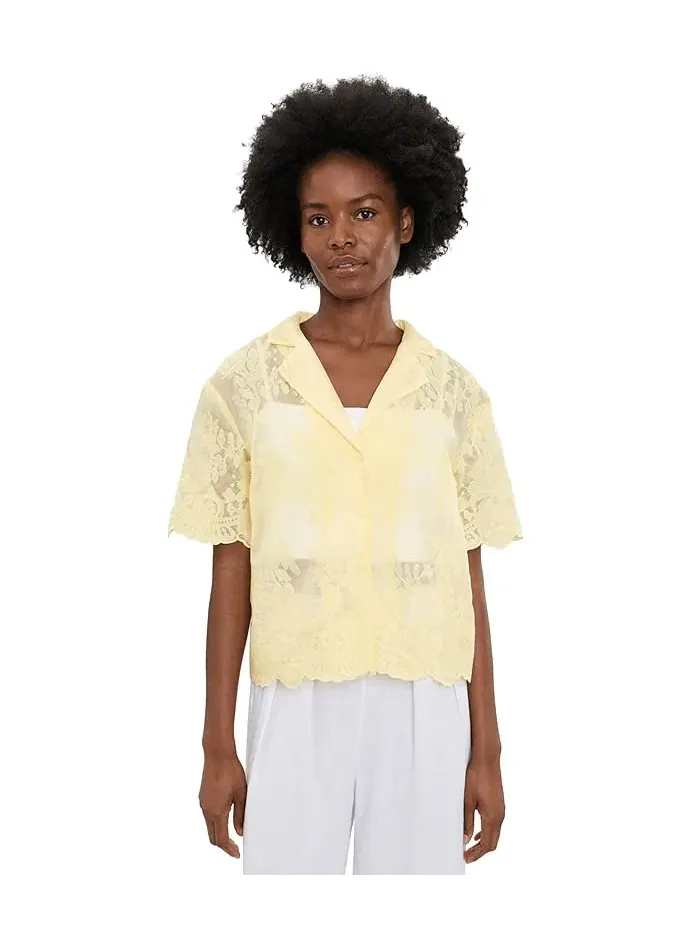 Рубашка с цветочной вышивкой Relaxed Collar Short Sleeve Button-Down Vince Camuto — изображение 1 из 5, коричневый