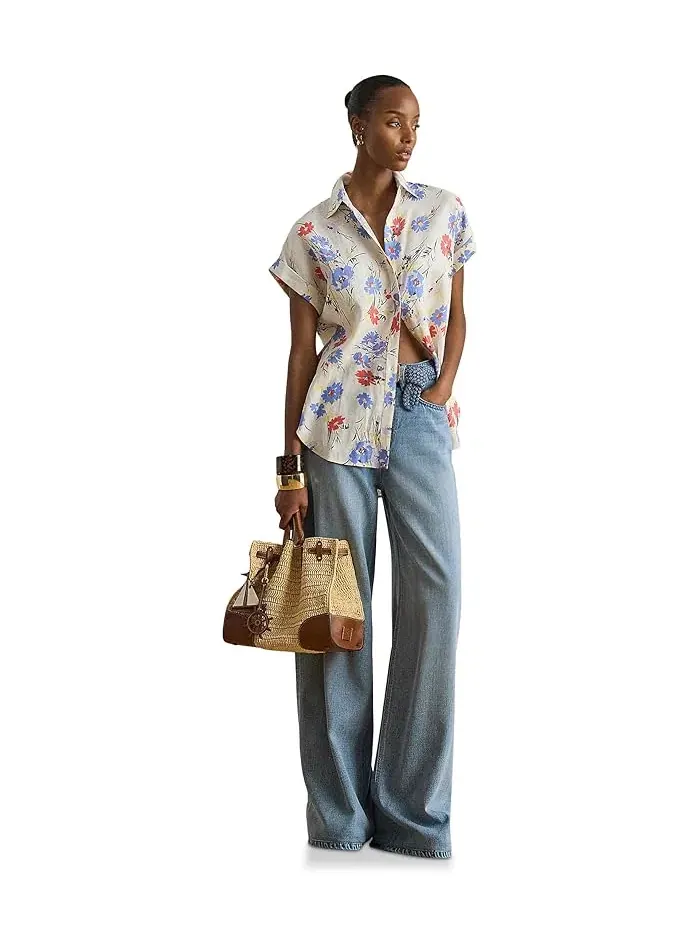 Рубашка с цветочным принтом Relaxed Fit Floral Short-Sleeve Shirt Lauren Ralph Lauren — изображение 2 из 4, натуральный/белый