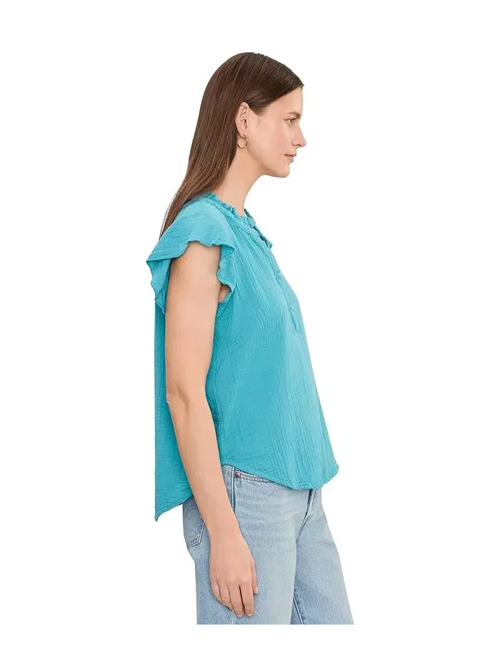 Рубашка-поло с рюшами Gauze Flutter Cap Sleeve Ruffle Neck Henley Mod-o-doc — изображение 3 из 5, голубой