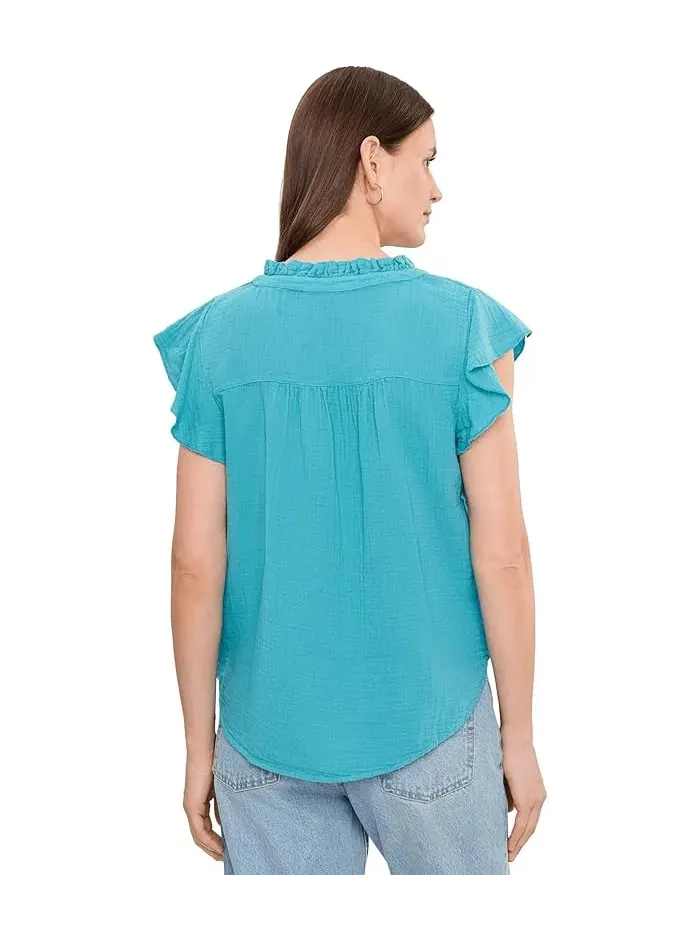 Рубашка-поло с рюшами Gauze Flutter Cap Sleeve Ruffle Neck Henley Mod-o-doc — изображение 4 из 5, голубой