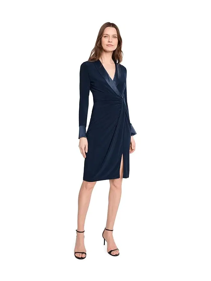Платье миди с шальным воротником Combo Shawl Collar Midi Dress Adrianna Papell — изображение 2 из 5, синий