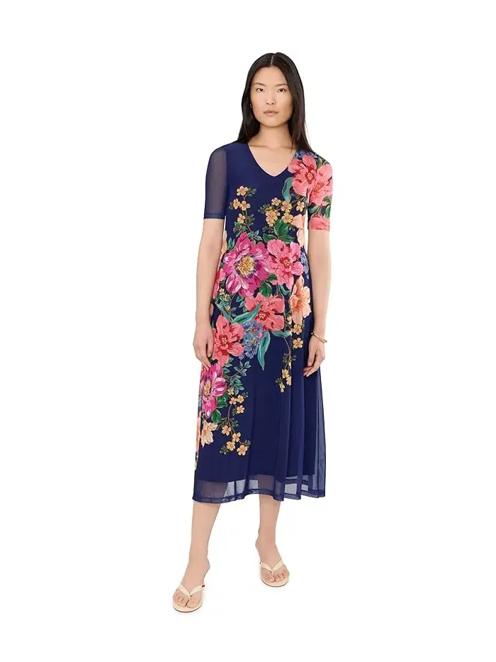Платье миди с цветочным принтом Elbow Sleeve V-Neck Mesh Midi Dress Johnny Was — изображение 1 из 5, темно-синий