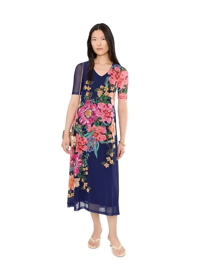 Платье миди с цветочным принтом Elbow Sleeve V-Neck Mesh Midi Dress Johnny Was — изображение 2 из 5, темно-синий