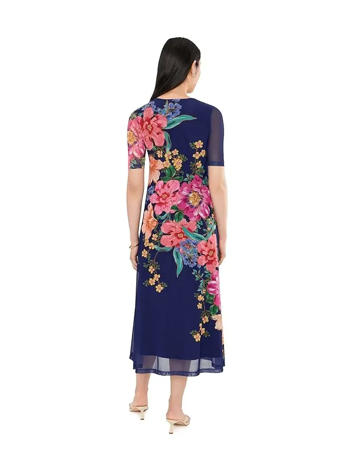 Платье миди с цветочным принтом Elbow Sleeve V-Neck Mesh Midi Dress Johnny Was — изображение 4 из 5, темно-синий