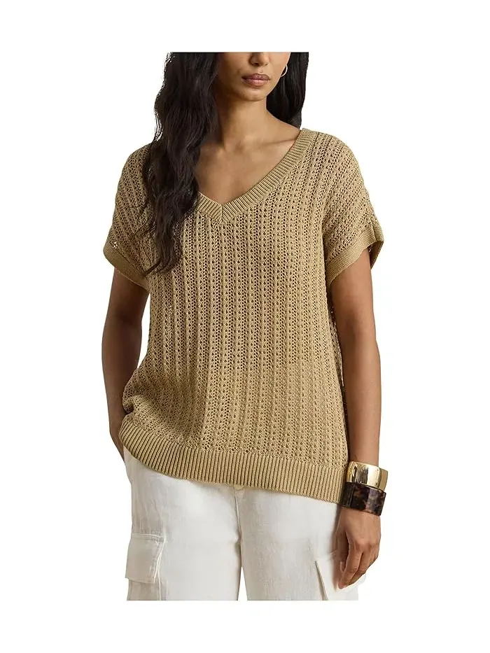 Свитер mesh с коротким рукавом Petite Cotton-Blend Lauren Ralph Lauren — изображение 1 из 5, бежевый
