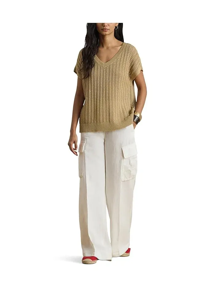 Свитер mesh с коротким рукавом Petite Cotton-Blend Lauren Ralph Lauren — изображение 2 из 5, бежевый