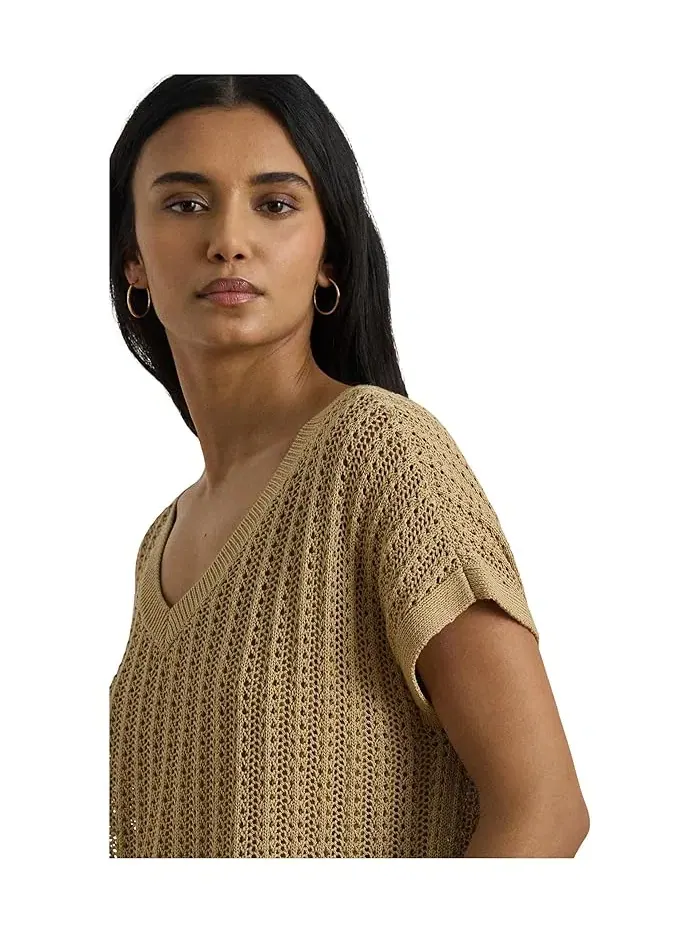 Свитер mesh с коротким рукавом Petite Cotton-Blend Lauren Ralph Lauren — изображение 4 из 5, бежевый