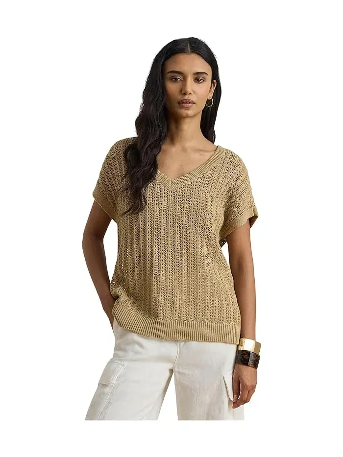 Свитер mesh с коротким рукавом Petite Cotton-Blend Lauren Ralph Lauren — изображение 5 из 5, бежевый