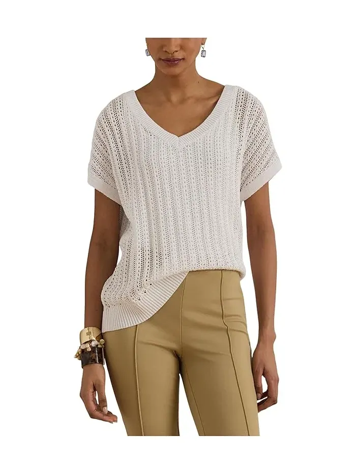Свитер с воротником V из сетки Petite Cotton-Blend Mesh Short Sleeve Lauren Ralph Lauren — изображение 1 из 5